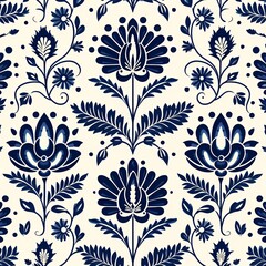 A floral pattern featuring blue flowers and leaves on a light background.