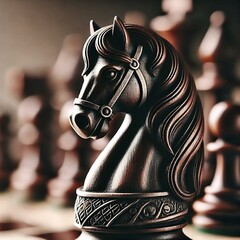 Close-up of an Ornate Knight Chess Piece in a Wooden Chess Set