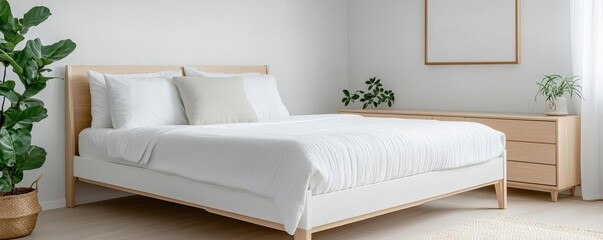 Minimalist bedroom with a white bed frame and matching bedding, monochromatic design, sleek aesthetic