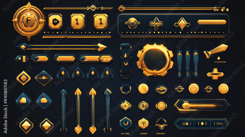 Poster golden interface game buttons and ui/gui elements. this vector set includes a pop-up window with the