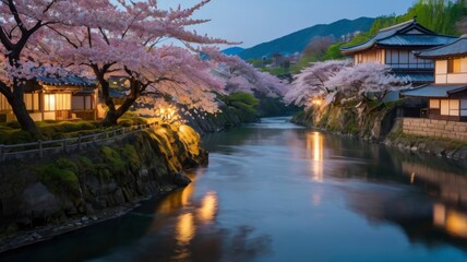 Fototapeta premium Evening river and cherry blossoms in serene Japanese village