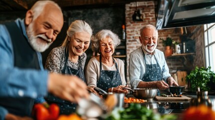 Obraz premium Elderly Friends Cooking and Laughing Together in a Warm, Joyful Kitchen Setting
