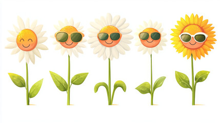 Retro groovy daisy and sunflower characters with a cute and happy vibe. Includes vintage and funky flowers, with cheerful chamomile faces wearing sunglasses. Isolated vector cartoon personages set.