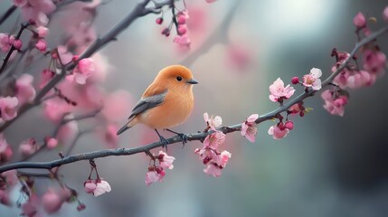 A small bird perches on a tree branch, surrounded by pink blossoms in the foreground Background softly blurred