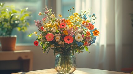 Fototapeta premium A beautifully chaotic bouquet in a vase, showcasing mismatched, colorful flowers as a powerful metaphor for diversity and acceptance, set in a minimalist room