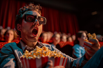 Fototapeta premium picture of people watching a movie with astonished expressions, mouths agape in suspense, holding popcorn in their hands.