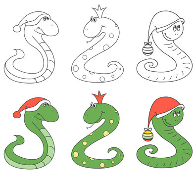 Three green snakes. Symbol of 2025. Snakes in a cap and crown. Drawing in sketch style. Contour and color