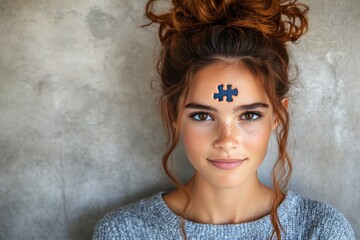 Portrait of a woman with puzzle pieces on her forehead symbolizing self discovery identity challenges and the intricate process of understanding one’s mind in a clean modern design