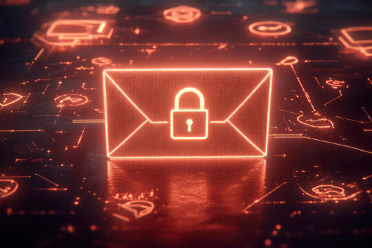 Glowing envelope icon with a lock symbol, representing secure email communication in a digital network environment