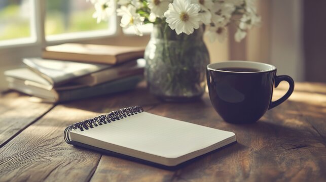 Cozy writing setup with a notebook, coffee, and flowers on a wooden table by the window