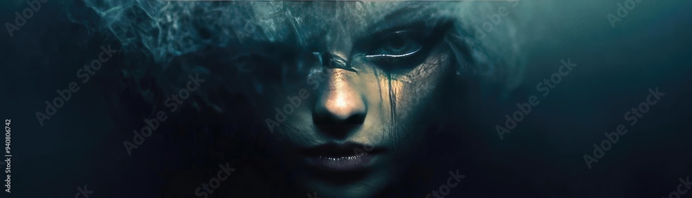 Poster A mysterious portrait shrouded in dark smoke, capturing an intense gaze that evokes emotion and intrigue.