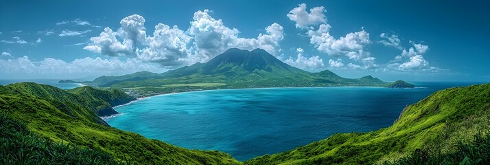 Fototapeta premium Majestic Nevis Peak in Saint Kitts and Nevis Serene Tropical Landscape with Turquoise Ocean