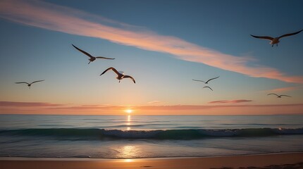 Fototapeta premium A serene beach at dusk, with warm golden light casting long shadows, as gentle waves with subtle foam gently lap at the shore, leaving behind ripples of subtle turquoise and cerulean hues, while a few