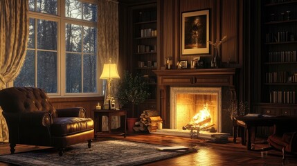 Living Room Design with a Cozy Fireplace and Stylish Leather Chair