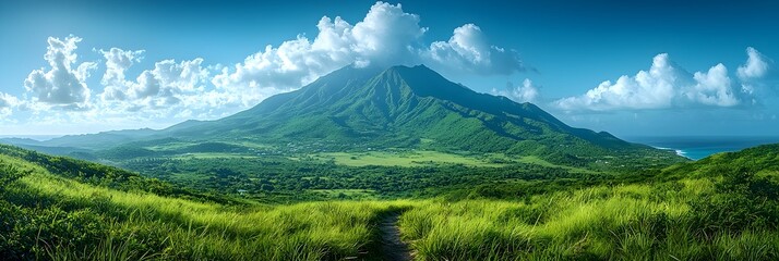 Fototapeta premium Majestic Tropical Volcano Landscape with Lush Vegetation and Serene Atmosphere