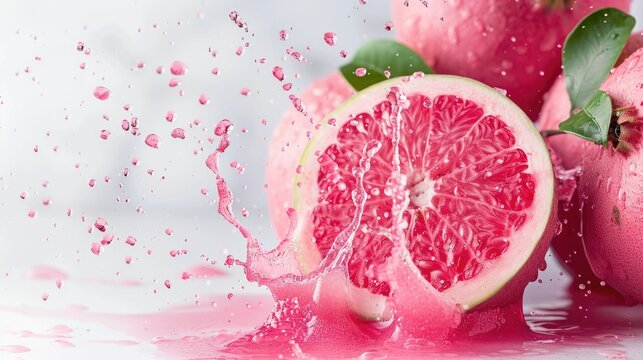 Closeup of fresh vibrant guava juice splashing and splattering against a crisp white background creating an abstract and meshy composition with a tropical and refreshing feel