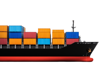Side view of heavy-duty cargo ship with reinforced hull and containers isolated on transparent background 