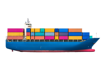 Side view of large blue cargo ship carrying colorful containers isolated on transparent background 
