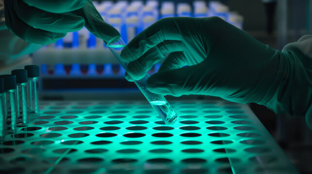 A researcher in a laboratory adds a sample to a microplate illuminated by blue light, surrounded by test tubes.