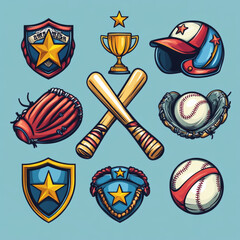 Collection of seven distinct baseball emblems or logos, featuring crossed bats with a trophy, glove, helmet, baseball with stars, and shields.