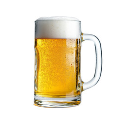 Tall glass beer mug with golden brew and frothy top, no label, isolated on transparent background 