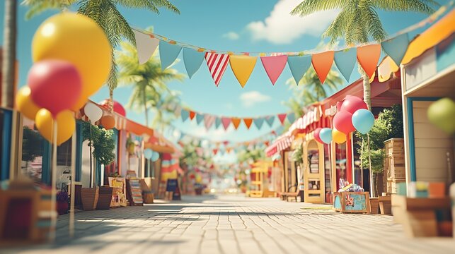 A vibrant street scene decorated with colorful balloons and flags, suggesting a festive atmosphere.