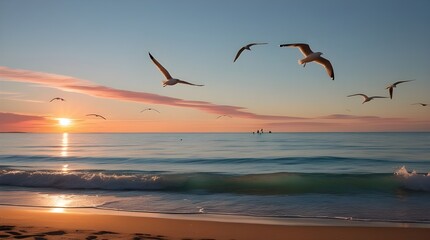 Fototapeta premium A serene beach at dusk, with warm golden light casting long shadows, as gentle waves with subtle foam gently lap at the shore, leaving behind ripples of subtle turquoise and cerulean hues, while a few