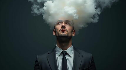 Male businessman in suit and tie with head full of smoke clouds made