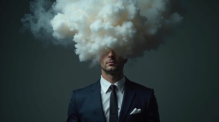 Male businessman in suit and tie with head full of smoke clouds made