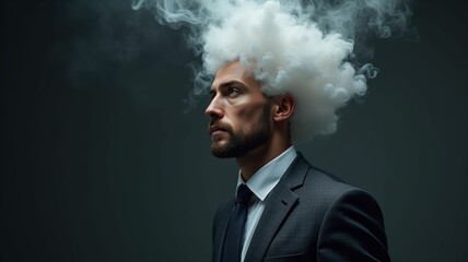 Male businessman in suit and tie with head full of smoke clouds made