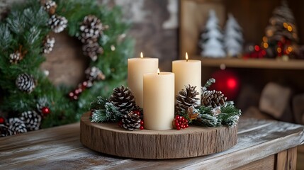 Rustic Christmas decorations with candles, pine cones, and a festive wreath on a wooden table