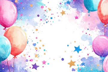 Vibrant watercolor balloons and confetti create a festive background perfect for celebrations and invitations.