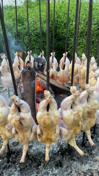 Chicken Sajji is Hanging on Fire for Grilled Chicken Multan Pakistan