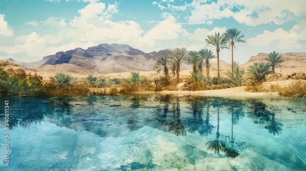 Aufkleber scenic view of a tranquil oasis with palm trees and clear waters, surrounded by desert landscapes an