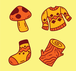 set of icon vector of autumn sweater wood sock and mushroom orange yellow