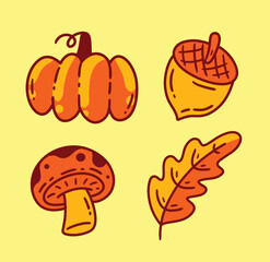 set of icon vector of autumn pumpkin nut oak leaf and mushroom orange yellow