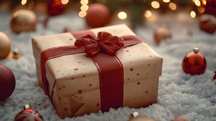 A beautifully wrapped Christmas gift surrounded by festive holiday decorations