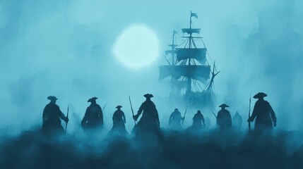 Mysterious Sailors Emerging from Mist Toward a Ghost Ship in Foggy Blue Atmosphere