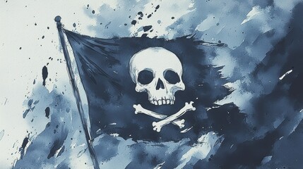 Fototapeta premium Creative Skull And Crossbones Pirate Flag With Blue Artistic Effects In Digital Illustration