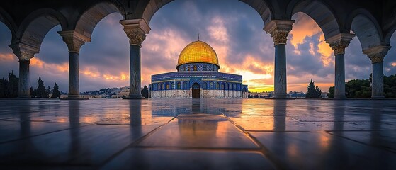 Fototapeta premium Dome of the Rock at dawn framed by arches with dramatic sky