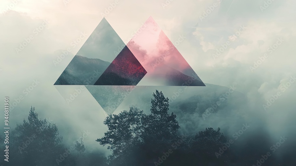 Poster a serene landscape featuring abstract triangles set against misty mountains and lush trees, creating