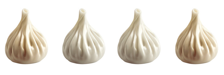 Close up of four steamed dumplings isolated on black.