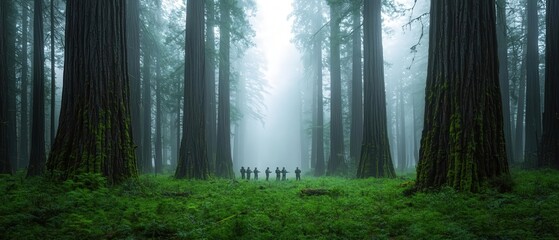 Obraz premium An ancient forest environment during a foggy dawn, where a team surveys deep within the woods, surrounded by towering, moss covered trees