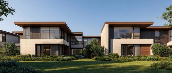 Fototapeta premium An architectural visualization of a stable and sustainable community designed for long term growth, with modern buildings harmoniously integrated into natural surroundings
