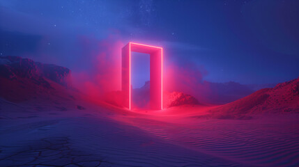 Vibrant neon doorway illuminating rocky terrain, Surreal nighttime landscape with futuristic portal element