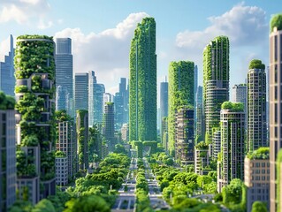 Fototapeta premium A futuristic cityscape showcasing long term growth and stability, with tall, green covered skyscrapers and a balanced environment reflecting prosperity