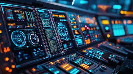 Obraz premium A close-up shot of a futuristic control panel in a smart city command center, where an operator manages city-wide AI systems, the panel glowing with an array of buttons and screens, each indicating