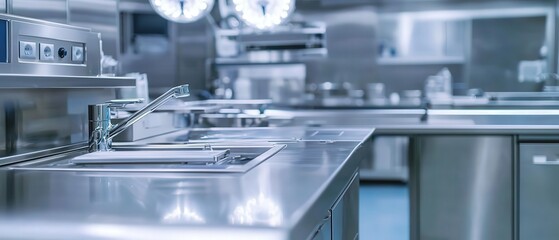 A modern surgical room with stainless steel surfaces, where sterilization routines are rigorously followed, creating a spotless and sanitized environment