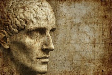 Classic stone bust of a man with an intricate brain pattern symbolizing timeless wisdom the resilience of knowledge and the enduring legacy of intellectual thought in a textured visual style
