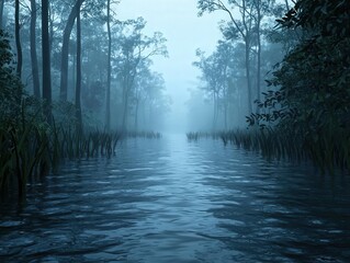 Fototapeta premium A survey of an eerie swamp environment at twilight, with deep, shadowy waters reflecting the fading light and dense foliage shrouded in mist